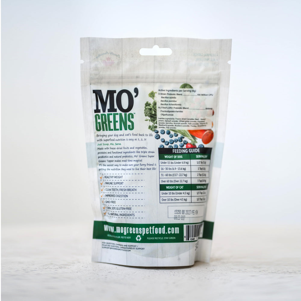 Mo’Greens-spoon-dispense: easy to scoop into pet meals for daily nutrition.
