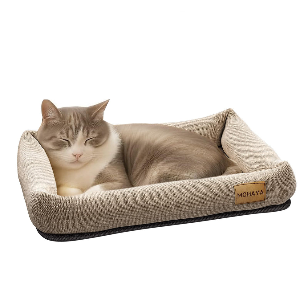 MOHAYA 2-in-1 pet bed-scratch pad showing cozy lounging for cats and dogs in warm weather.