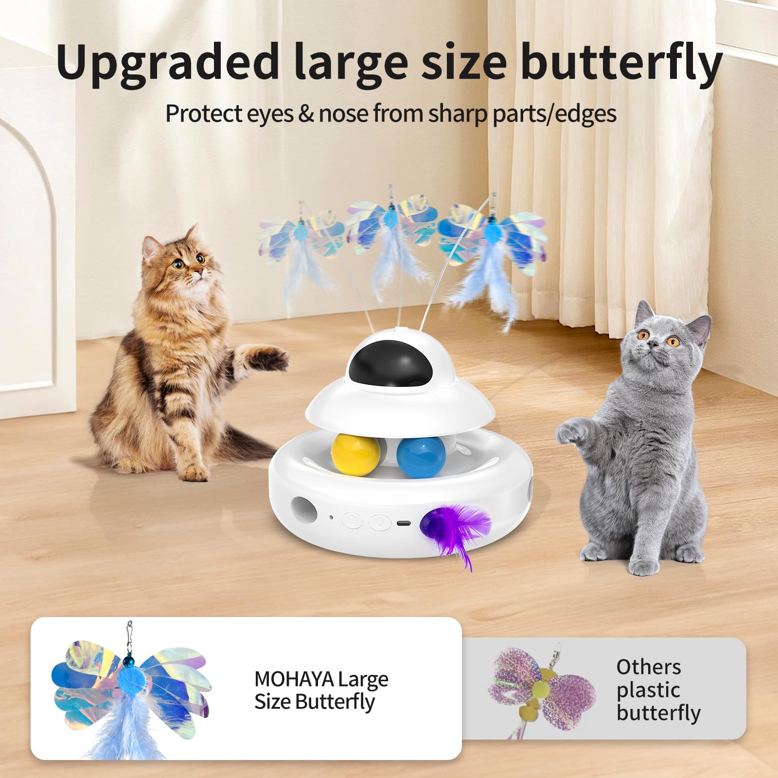 MOHAYA interactive cat toy USB recharging powers long play sessions without battery swaps.