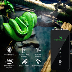 Moistenland reptile mister with two adjustable nozzles delivers precise misting.