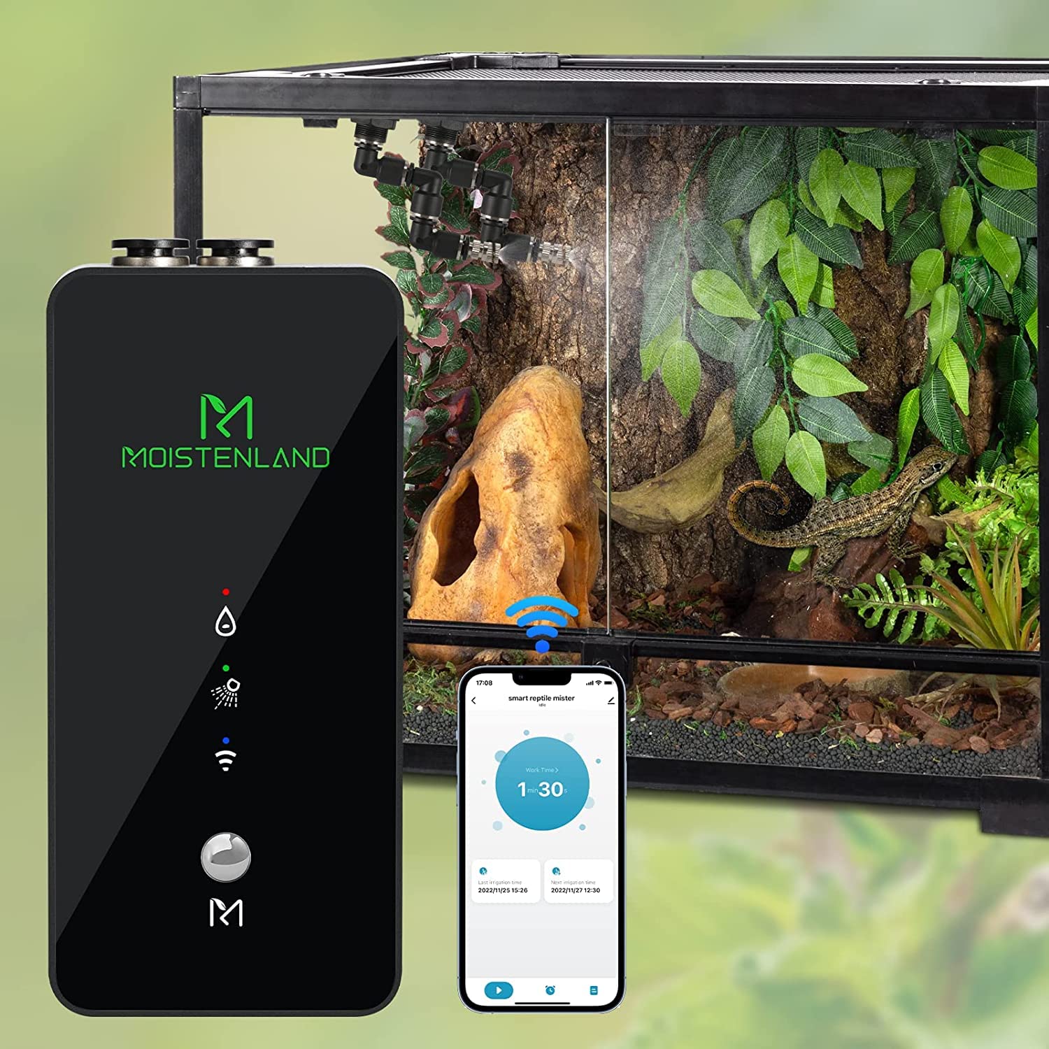 Moistenland WiFi reptile mister installed in terrarium setup for stable humidity.