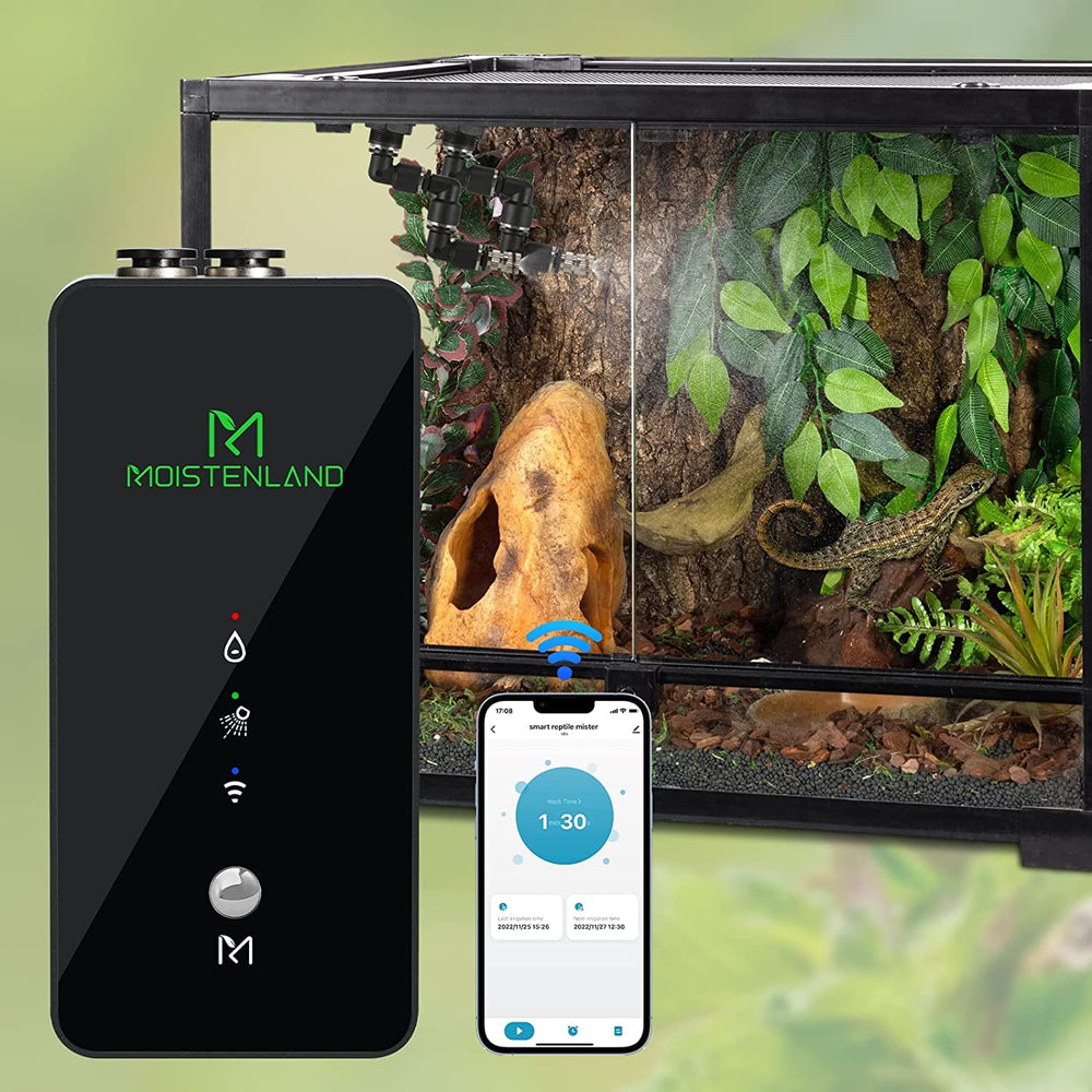 Moistenland WiFi reptile mister installed in terrarium setup for stable humidity.