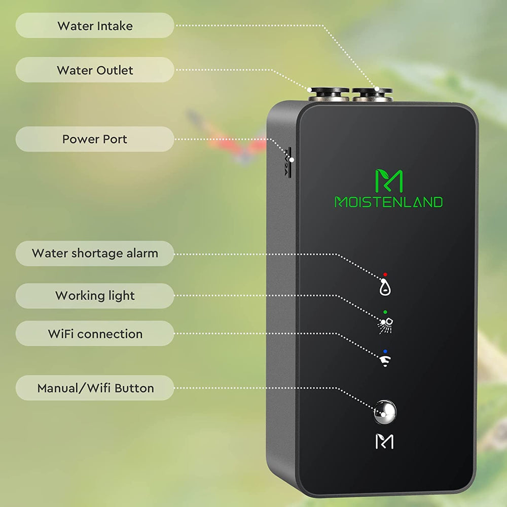 Moistenland app control screen shows remote misting settings and alerts.