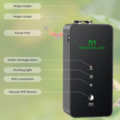 Moistenland app control screen shows remote misting settings and alerts.
