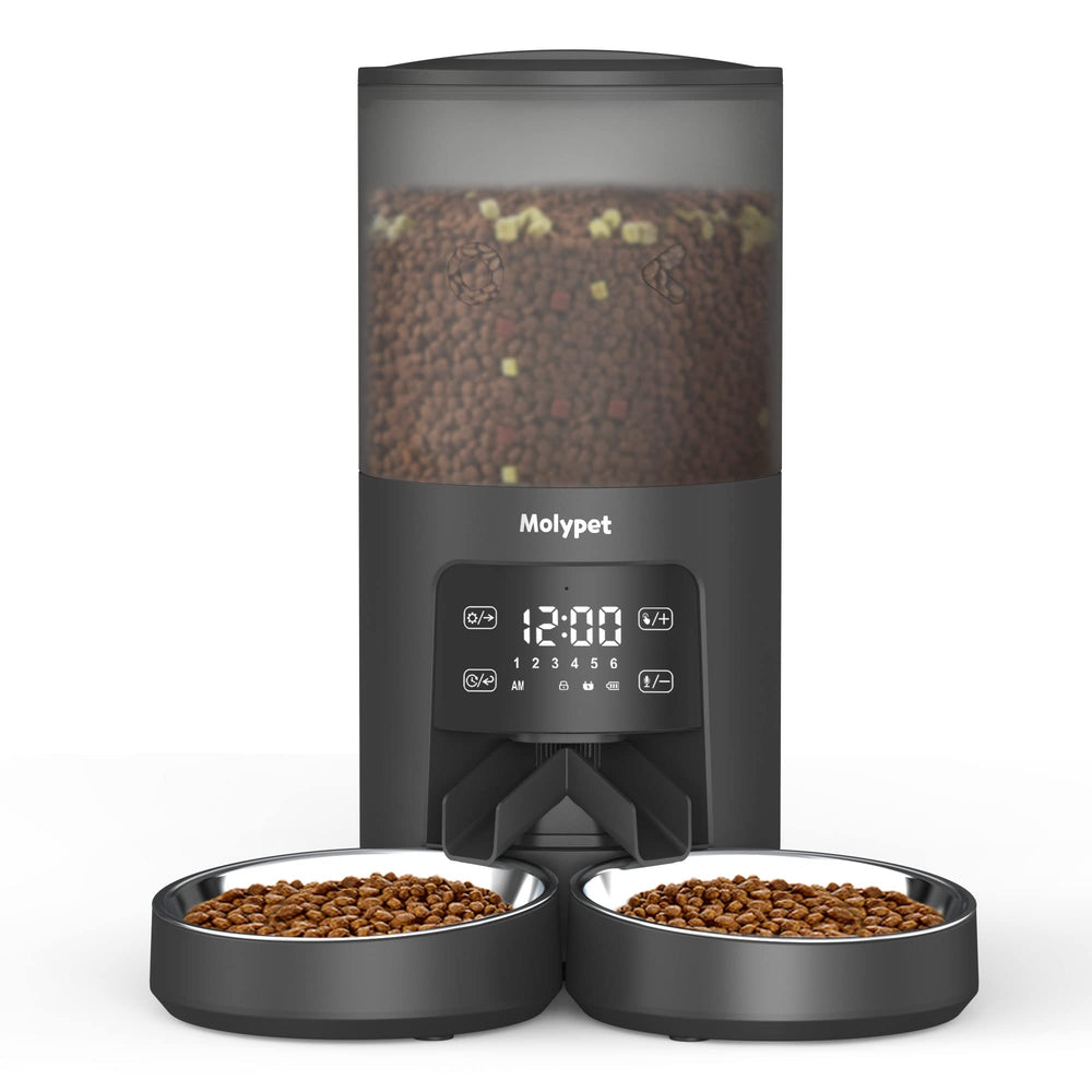 Molypet automatic cat feeder front view with double bowls enabling simultaneous feeding and reduced mealtime stress.