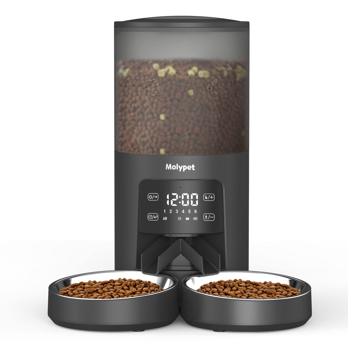 Molypet automatic cat feeder front view with double bowls enabling simultaneous feeding and reduced mealtime stress.
