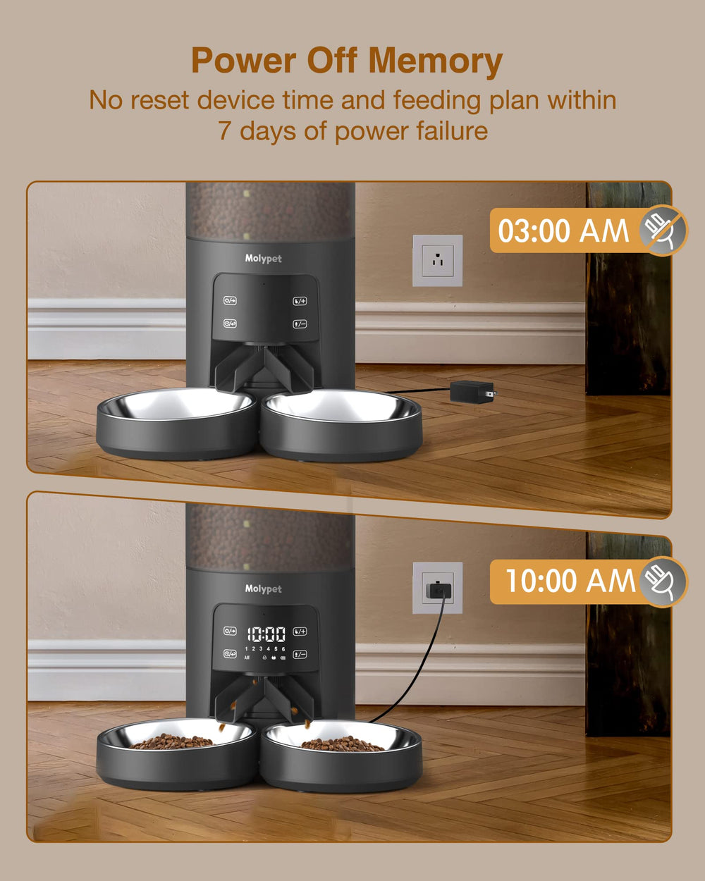 Molypet power-off memory preserves time and settings during brief outages.