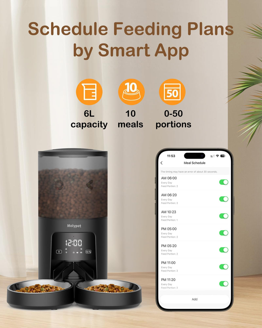Molypet app control screenshot showing remote scheduling and portion settings