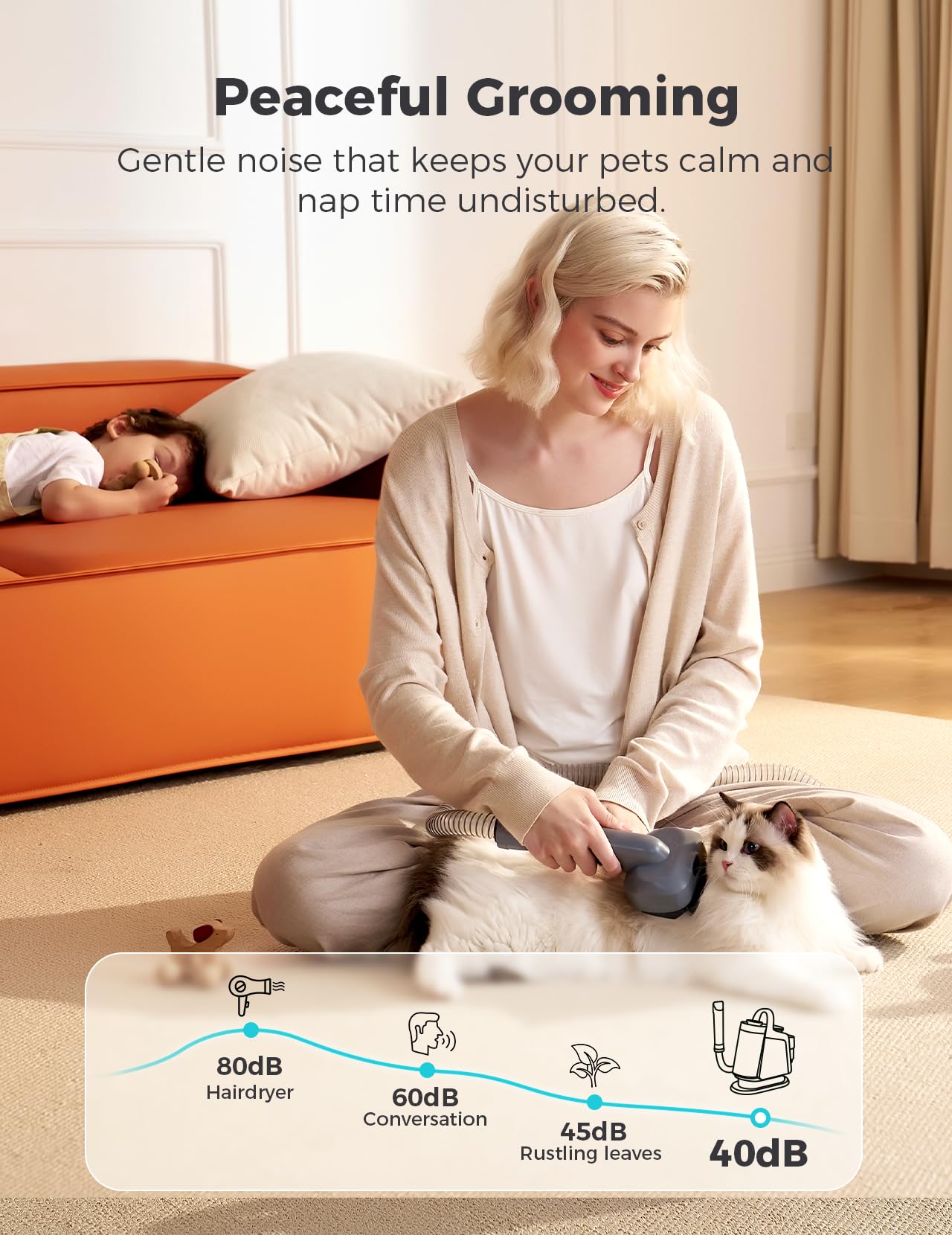 MomcozyPet FurEase quiet operation at 45dB for calmer grooming