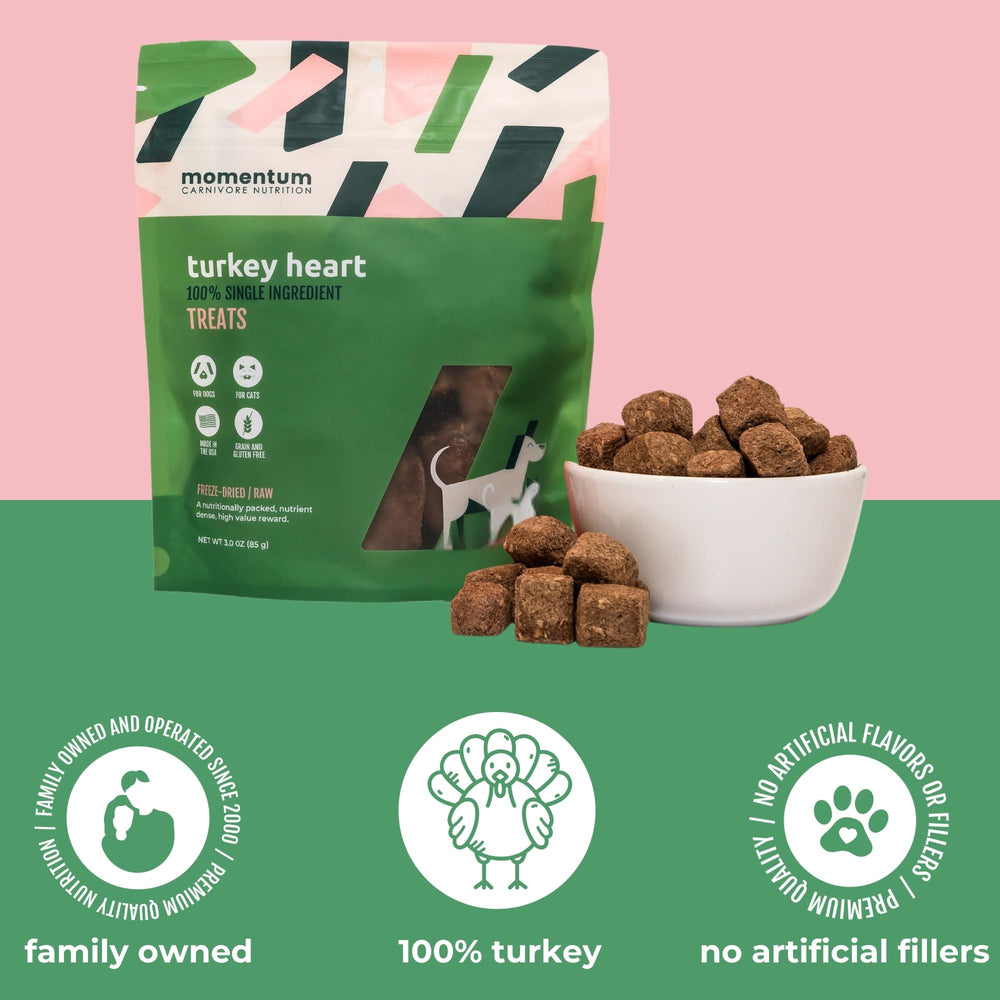 Momentum Carnivore freeze-dried texture highlighted, preserving nutrients and natural flavor for quick rewards.