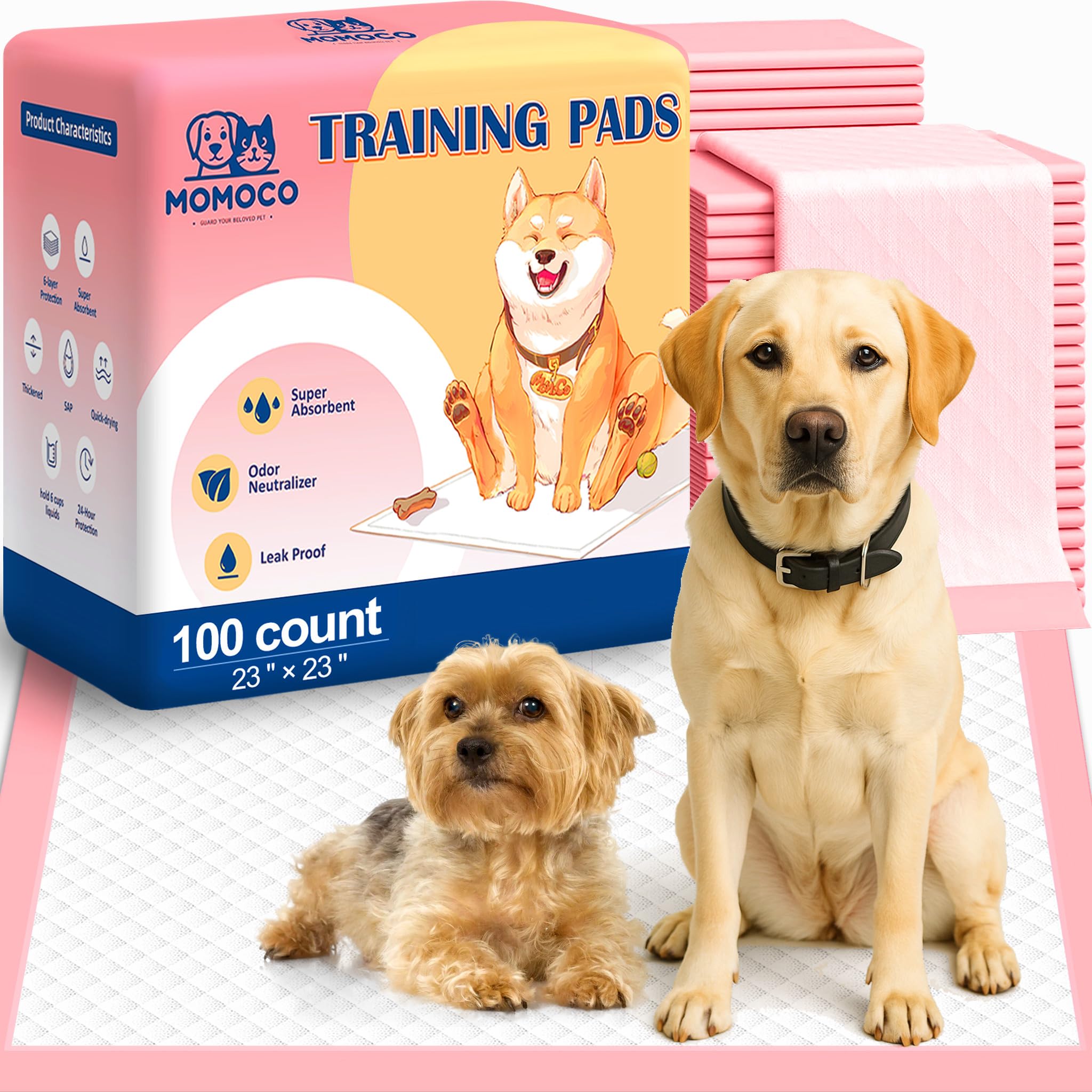MoMoCo puppy pads packaging shows 23x23 size for easy training setup