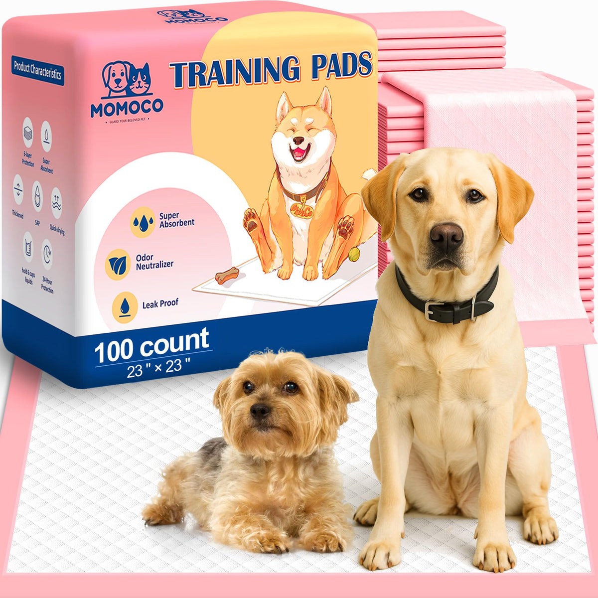 MoMoCo puppy pads packaging shows 23x23 size for easy training setup