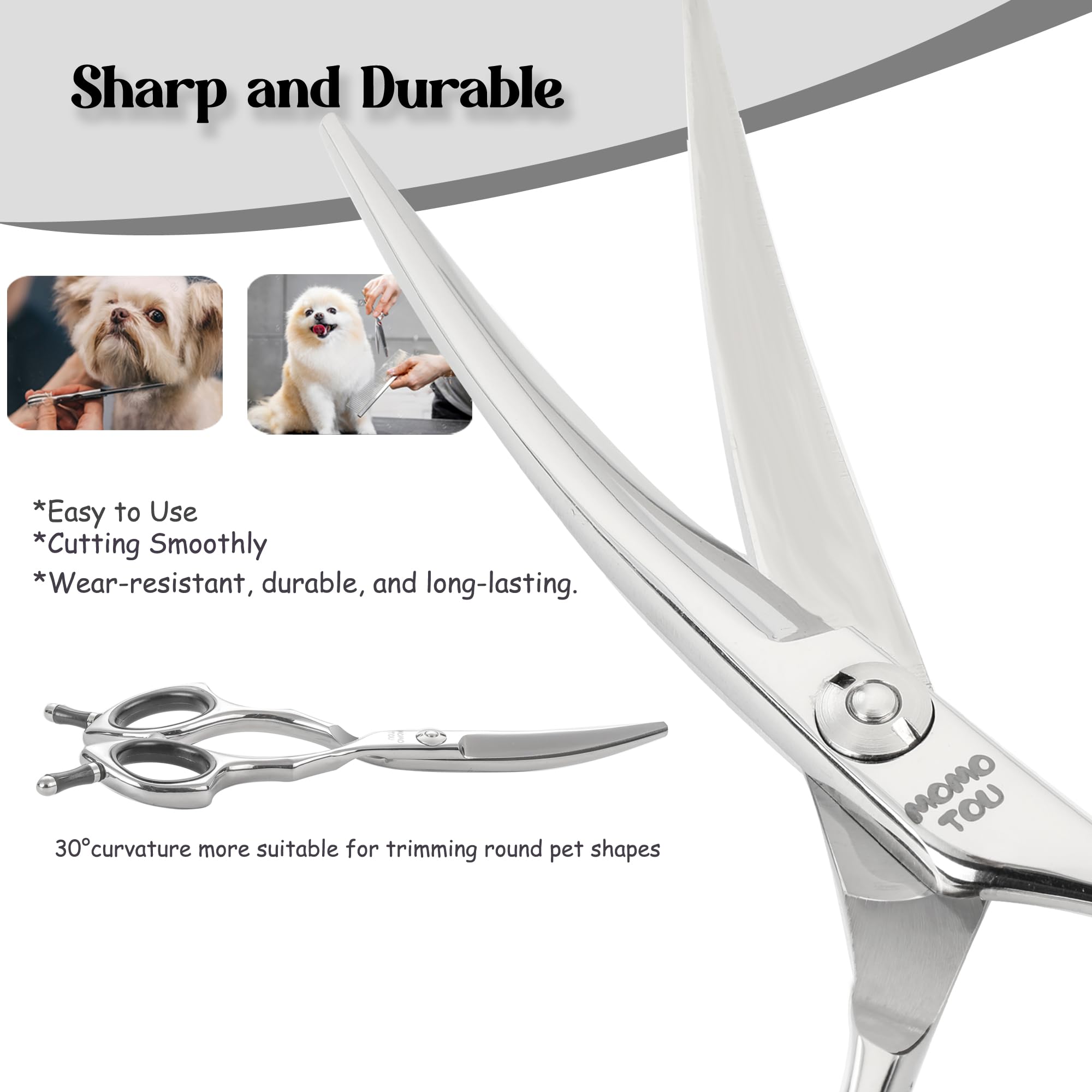 Momotou dog grooming scissors 1.4oz lightweight closeup emphasizes easy maneuverability during delicate trims.