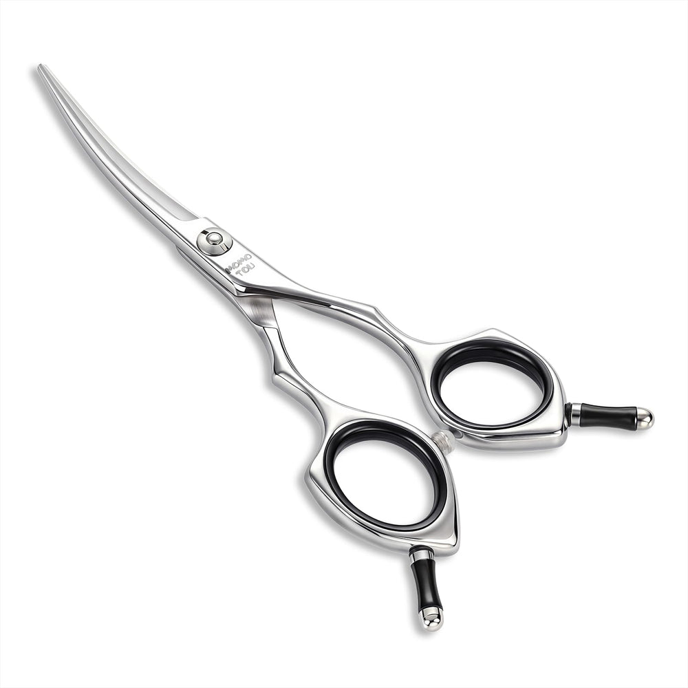 Momotou dog grooming scissors 5inch curve blade closeup for precise trims and smooth glide.