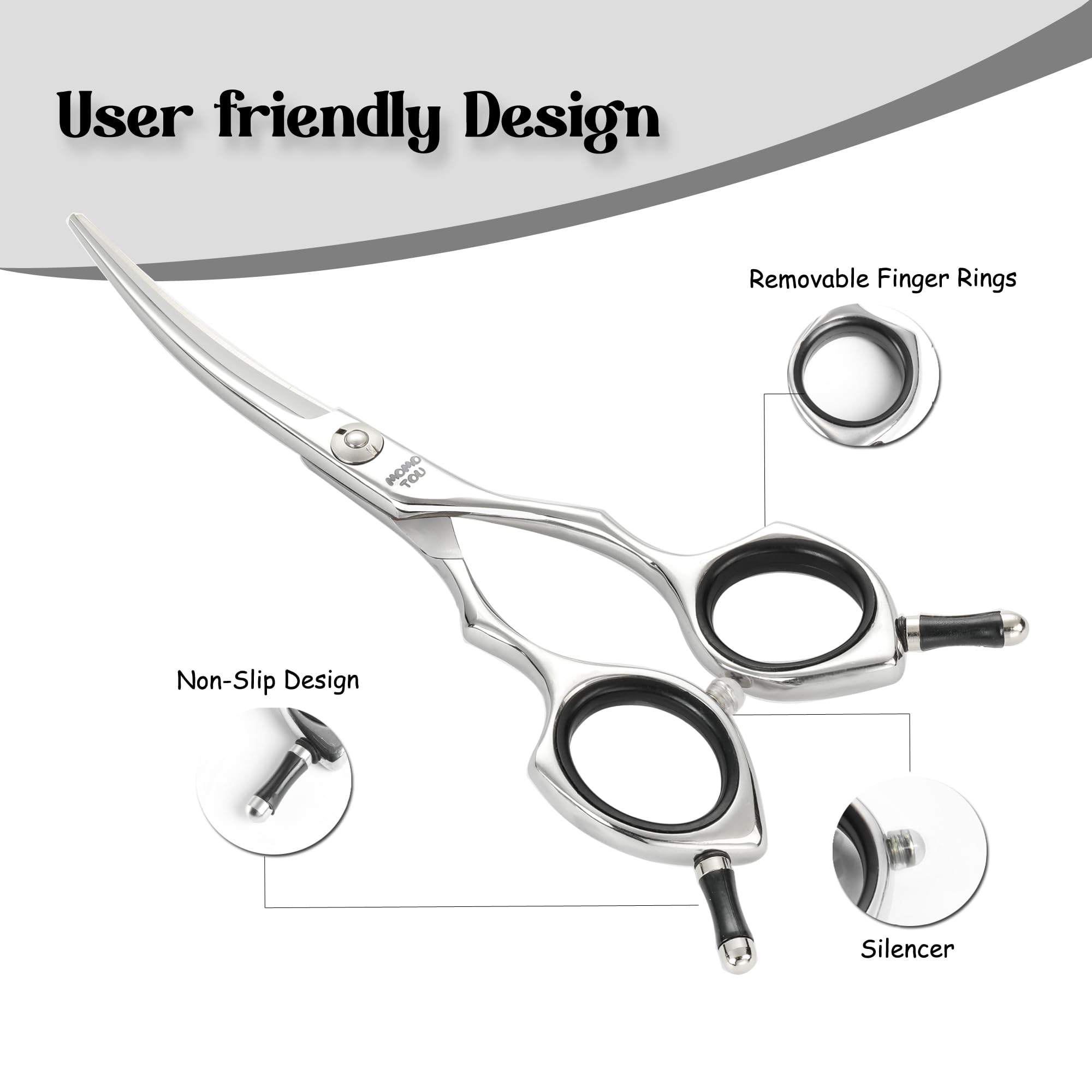Momotou dog grooming scissors ergonomic handle closeup showing offset design for reduced hand fatigue.