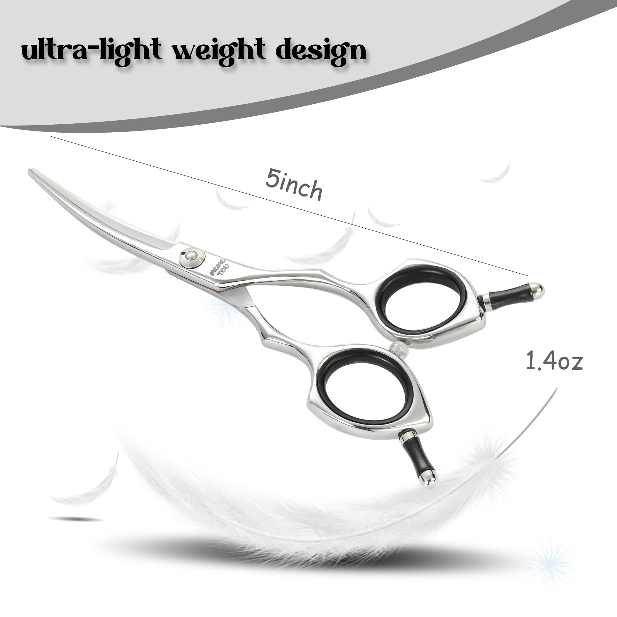 Momotou dog grooming scissors 440C stainless steel closeup highlights durable rust-resistant edge.