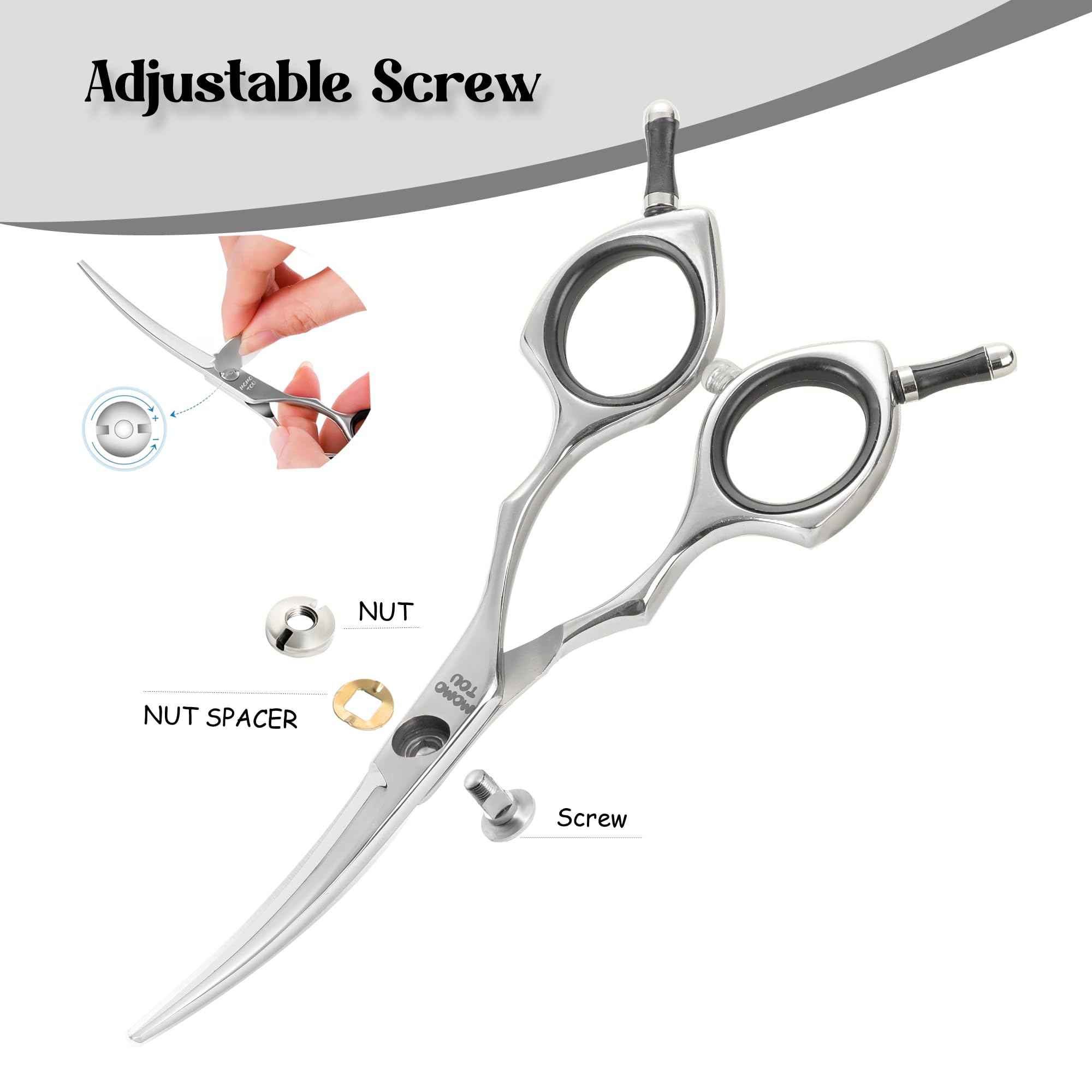 Momotou dog grooming scissors for face and paws closeup demonstrates targeted trimming capability.