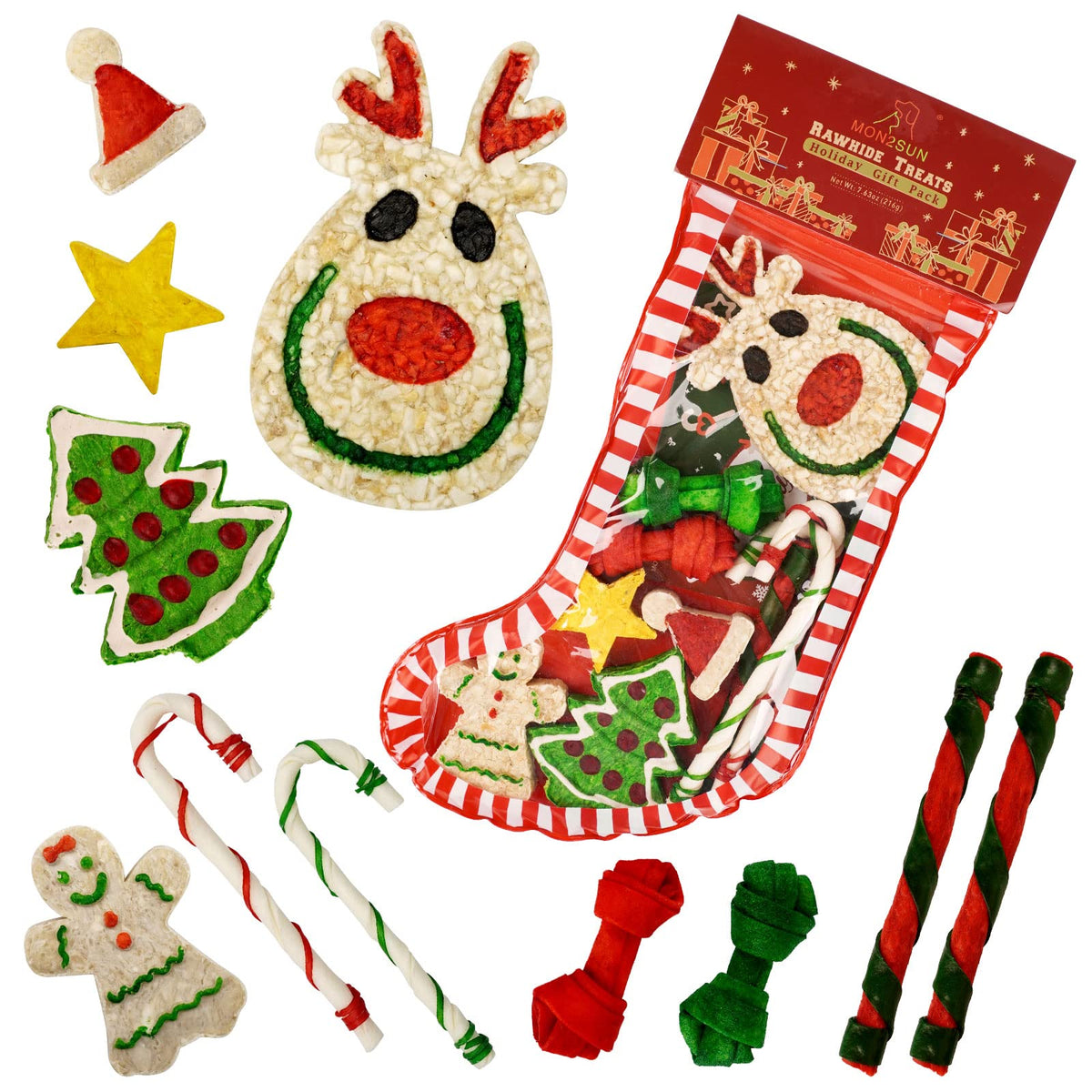 MON2SUN 11Count Christmas Dog Rawhide Stocking for Small Dogs - festive chew assortment for small breeds.