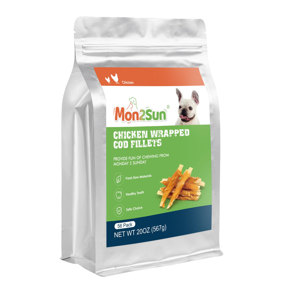 MON2SUN chicken-wrapped cod-fillet snacks blend real chicken with cod fillet for flavor.