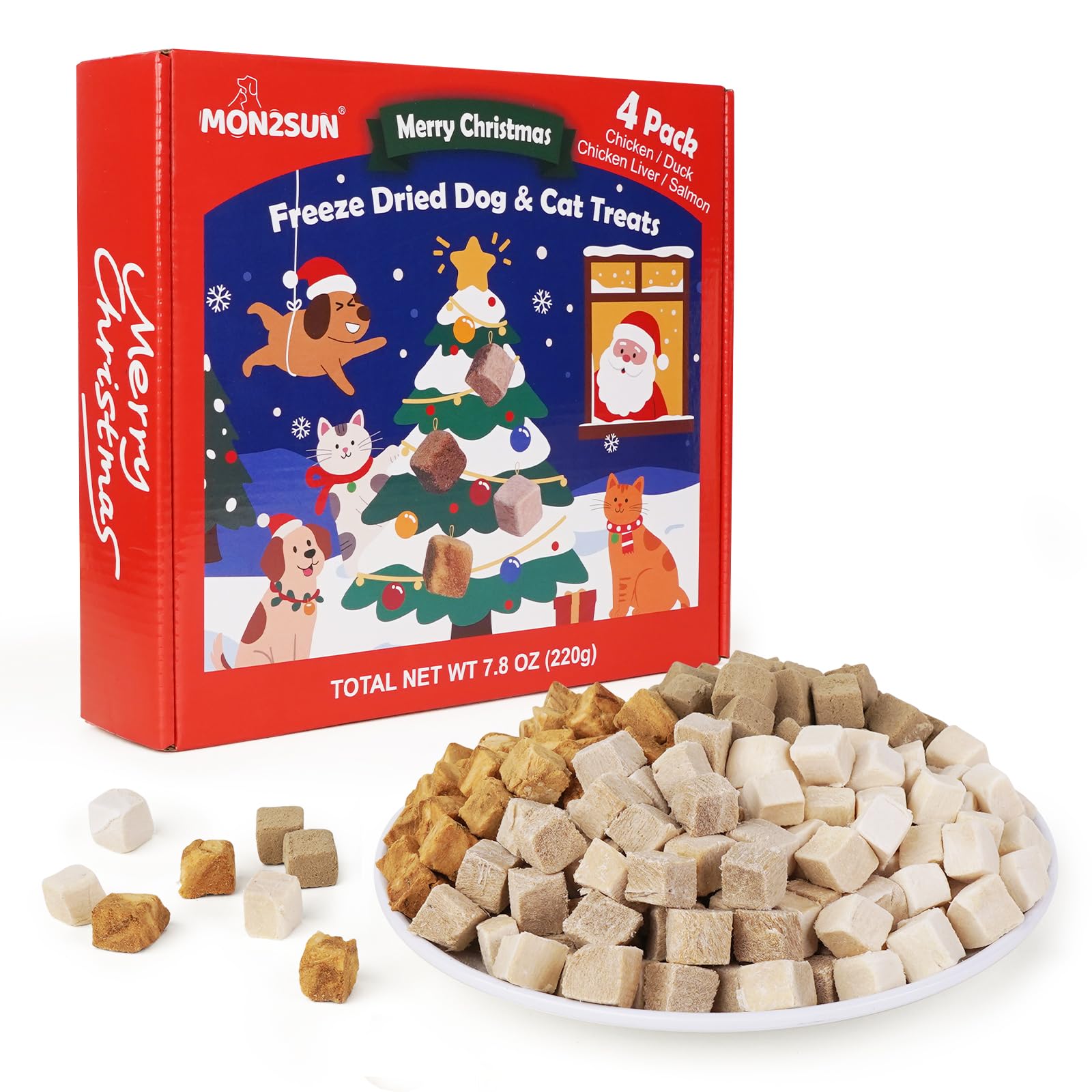 MON2SUN Christmas Box treats pack featuring four flavors for dogs and cats