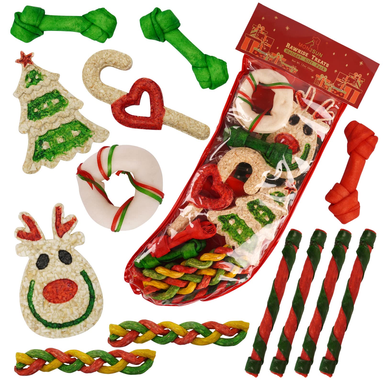MON2SUN Christmas rawhide sticks 4pcs—easy chew treats for small to medium dogs during holidays
