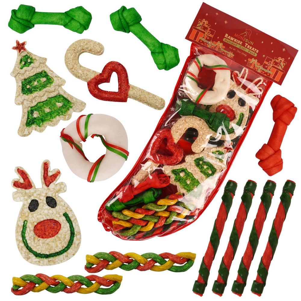 MON2SUN Christmas rawhide sticks 4pcs—easy chew treats for small to medium dogs during holidays