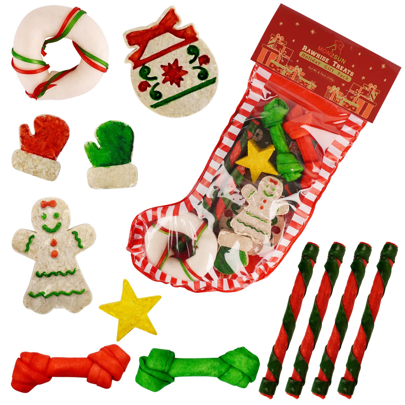 MON2SUN Christmas dog rawhide stocking packaging for small dogs offers festive fun