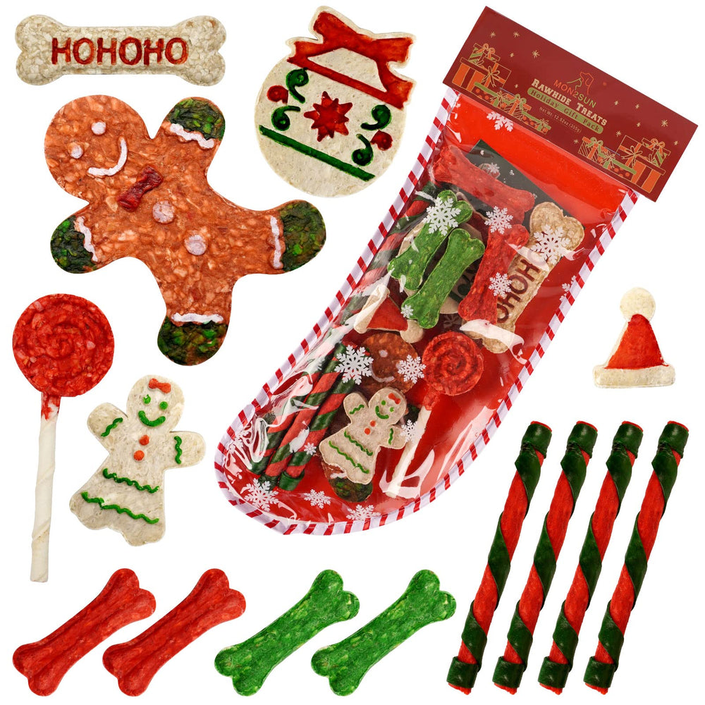 MON2SUN Christmas dog rawhide treats 14-count stocking designed for small dogs and festive chew time
