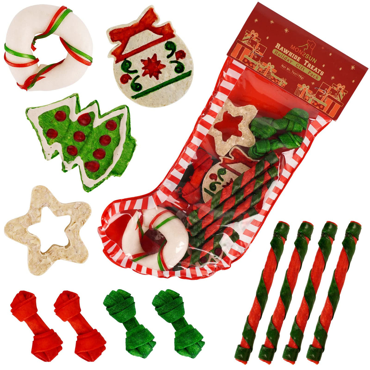 MON2SUN Christmas Treats pack shot with 12-count variety for small dogs, festive chewing