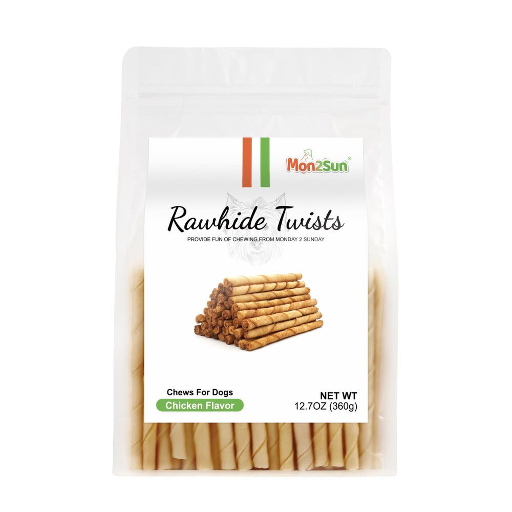 MON2SUN dog rawhide twist chicken packaging—produced under strict safety guidelines.