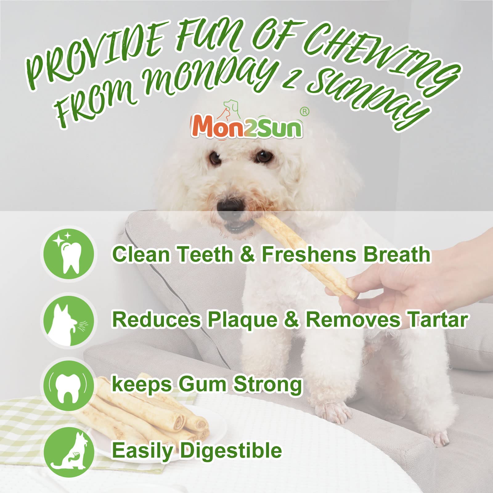 MON2SUN healthy-teeth rawhide chew visual suggesting dental-friendly chewing for dogs.