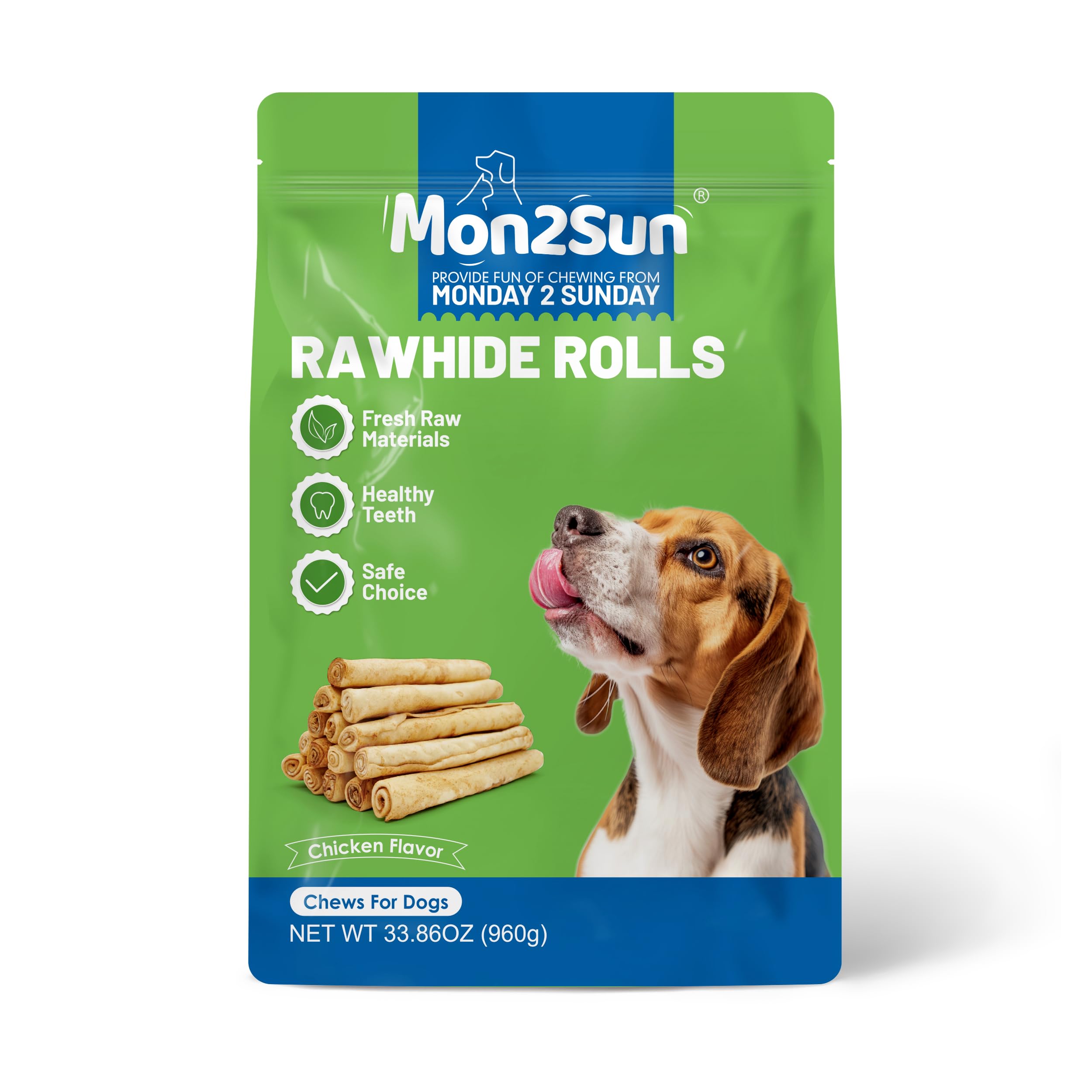 MON2SUN skinny rawhide rolls image focused on safety for small dogs.