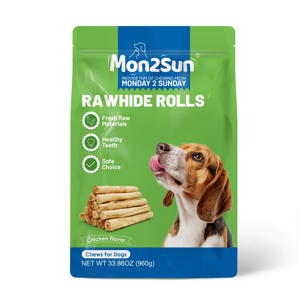 MON2SUN skinny rawhide rolls image focused on safety for small dogs.