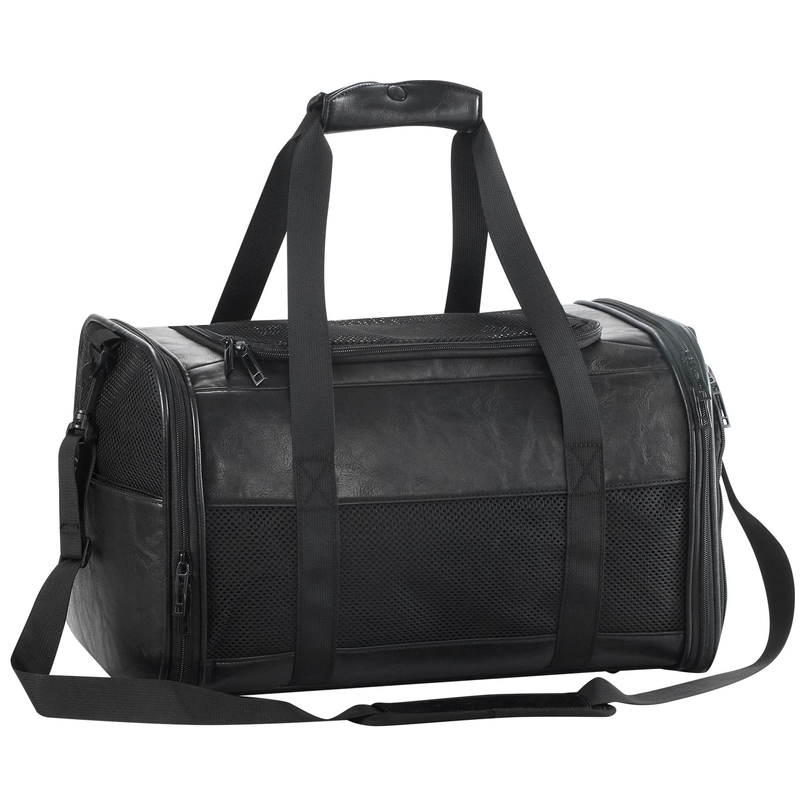 Monanller fashion leather dog carrier under-seat view for airline travel.