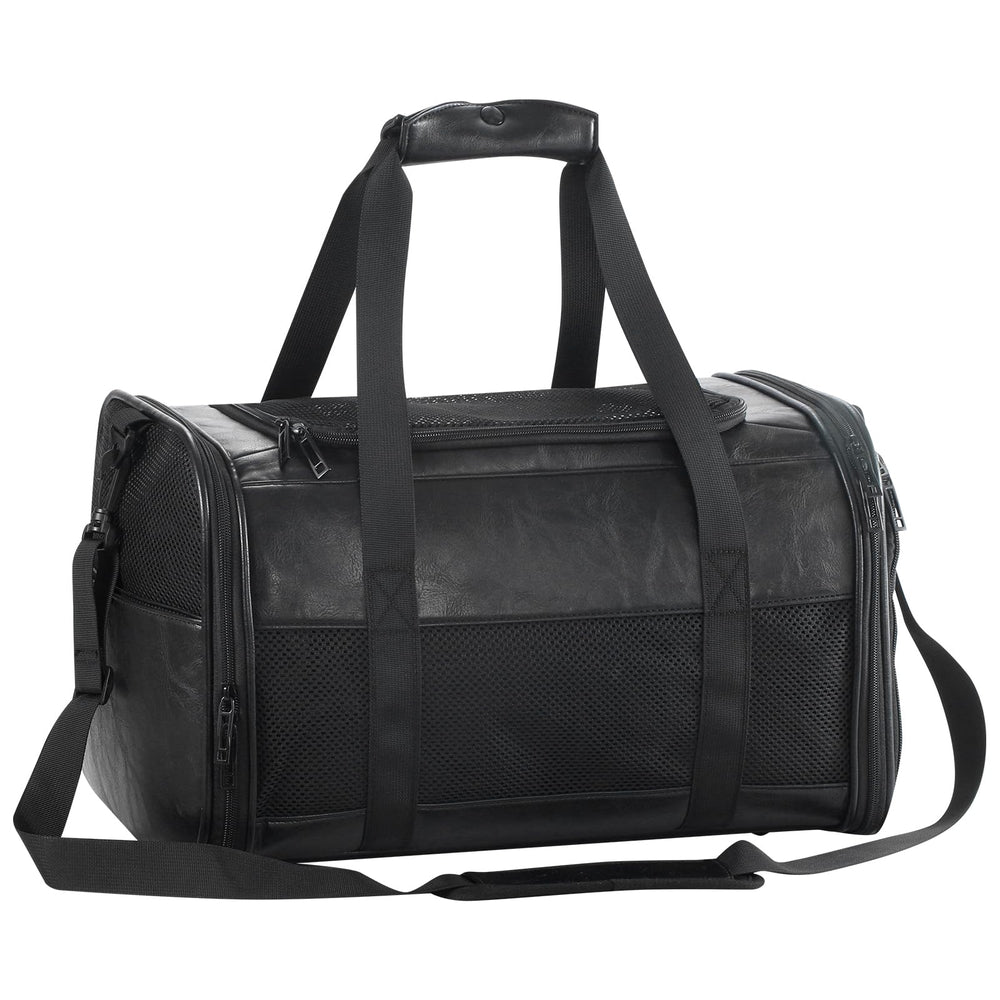 Monanller fashion leather dog carrier under-seat view for airline travel.