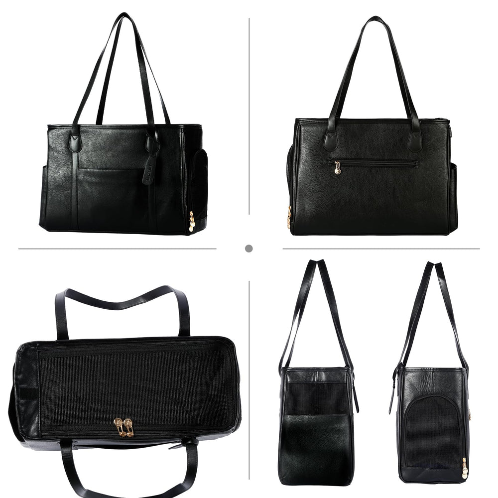 Monanller leather pet carrier material closeup reveals durable vegan leather finish.