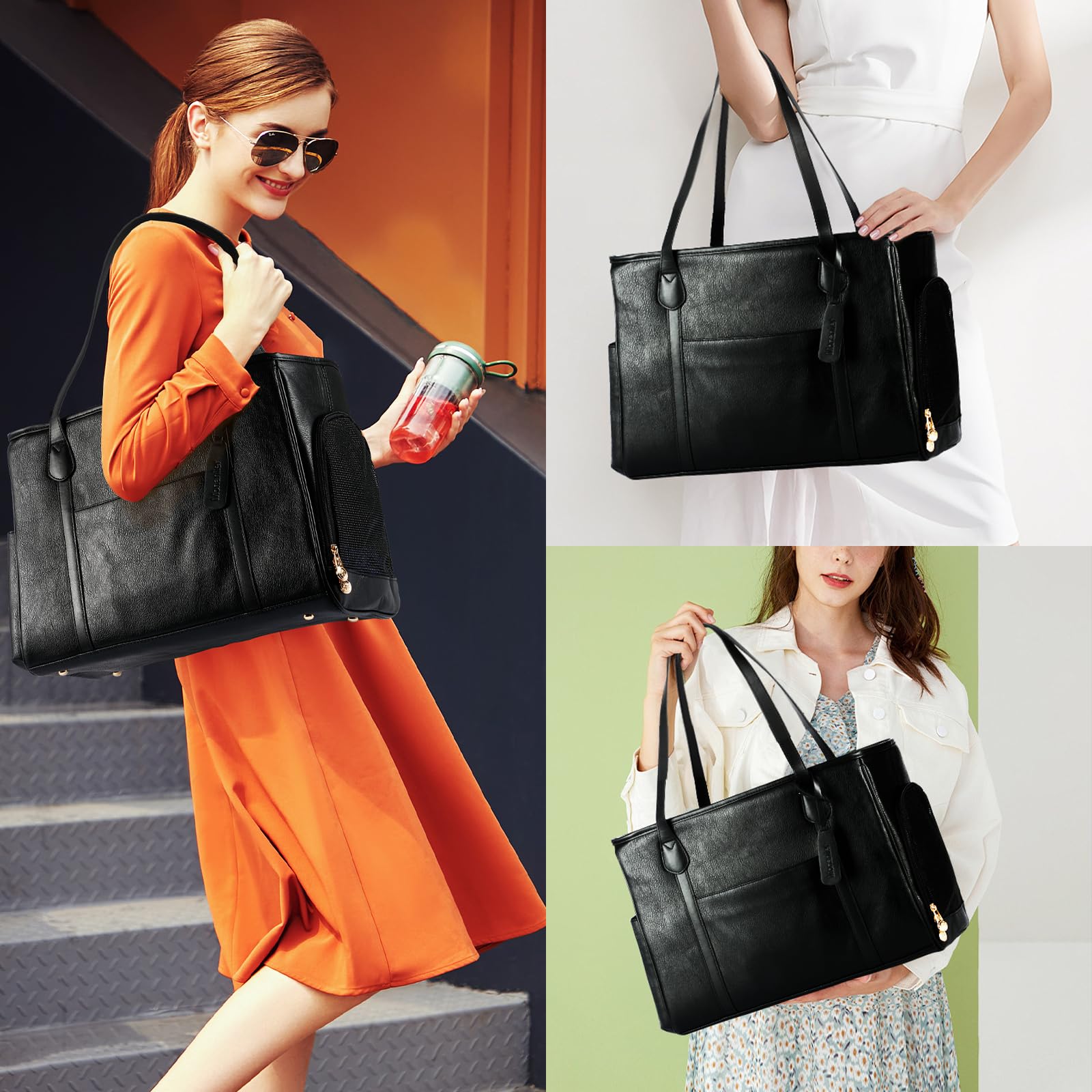 Monanller pet carrier black strap and handle emphasize secure, hands-free carrying.