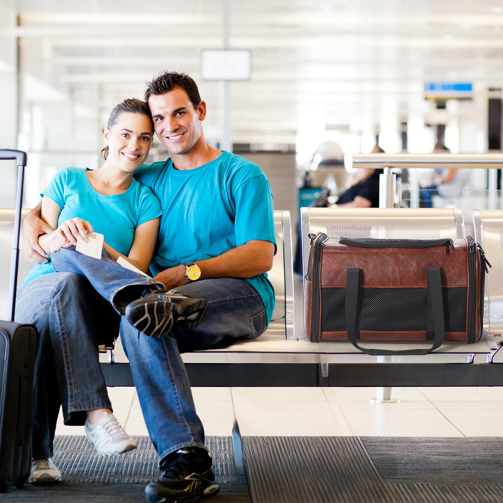 Monanller pet carrier in use at airport helps keep small pet calm and secure