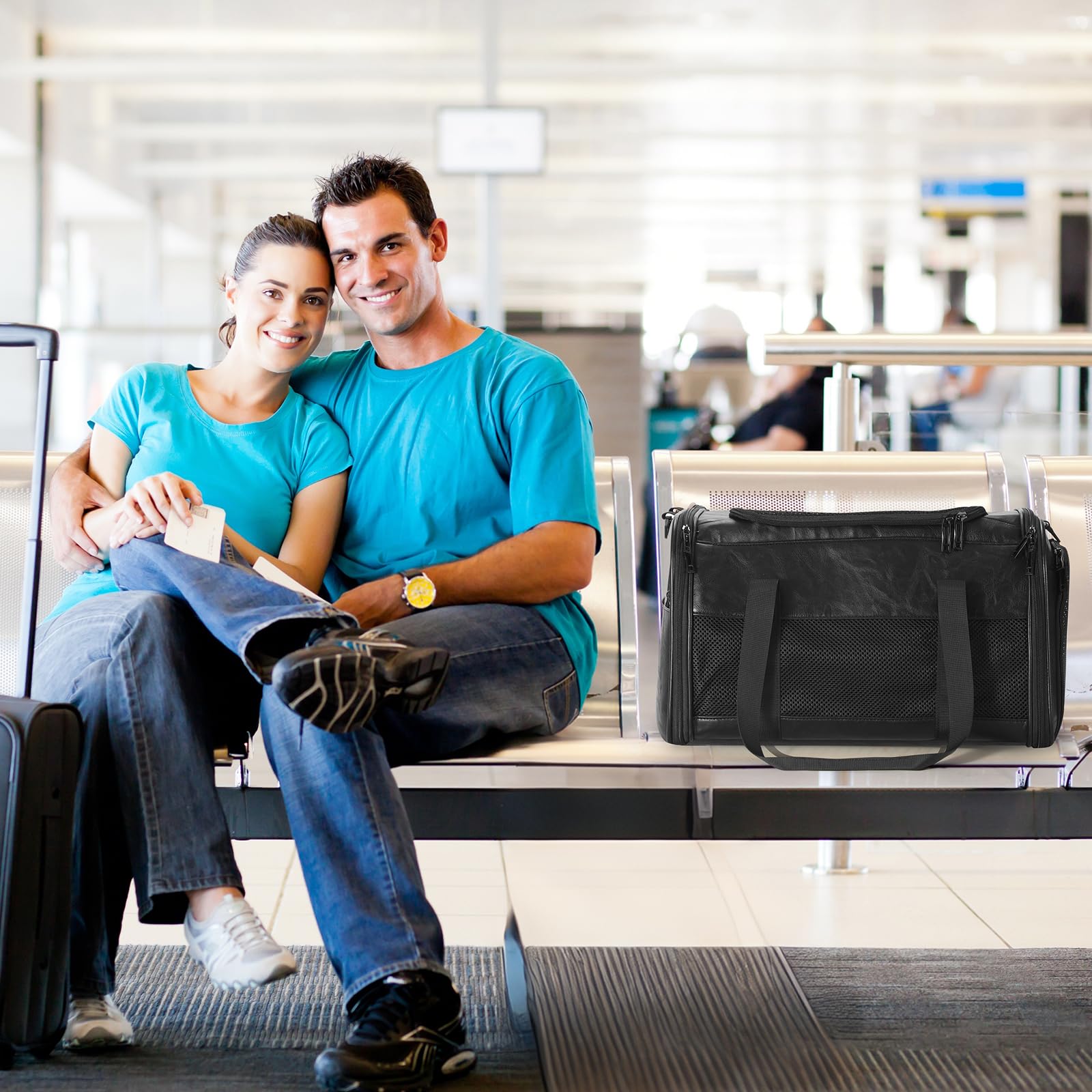 Monanller carrier holds small dogs and cats up to 15 lbs for travel.