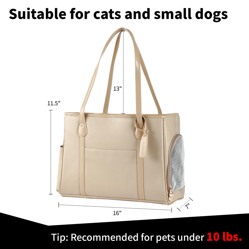 Monanller stylish dog purse carrier ivory side view highlighting portable, lightweight travel-friendly design.