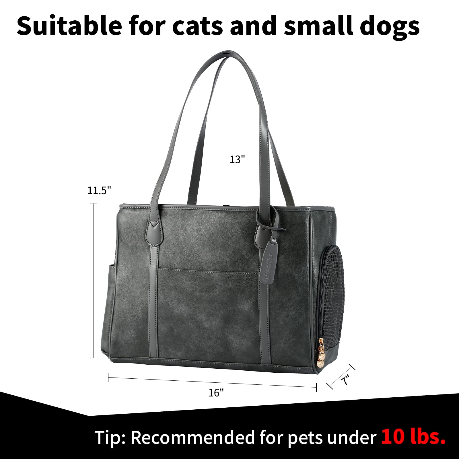 Monanller stylish dog purse carrier side view shows portable, comfortable travel option