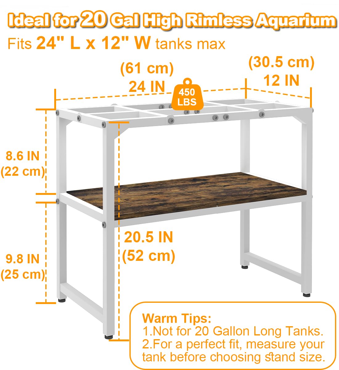 Mondazie 20Gal high rimless stand side view highlights compact footprint for space saving
