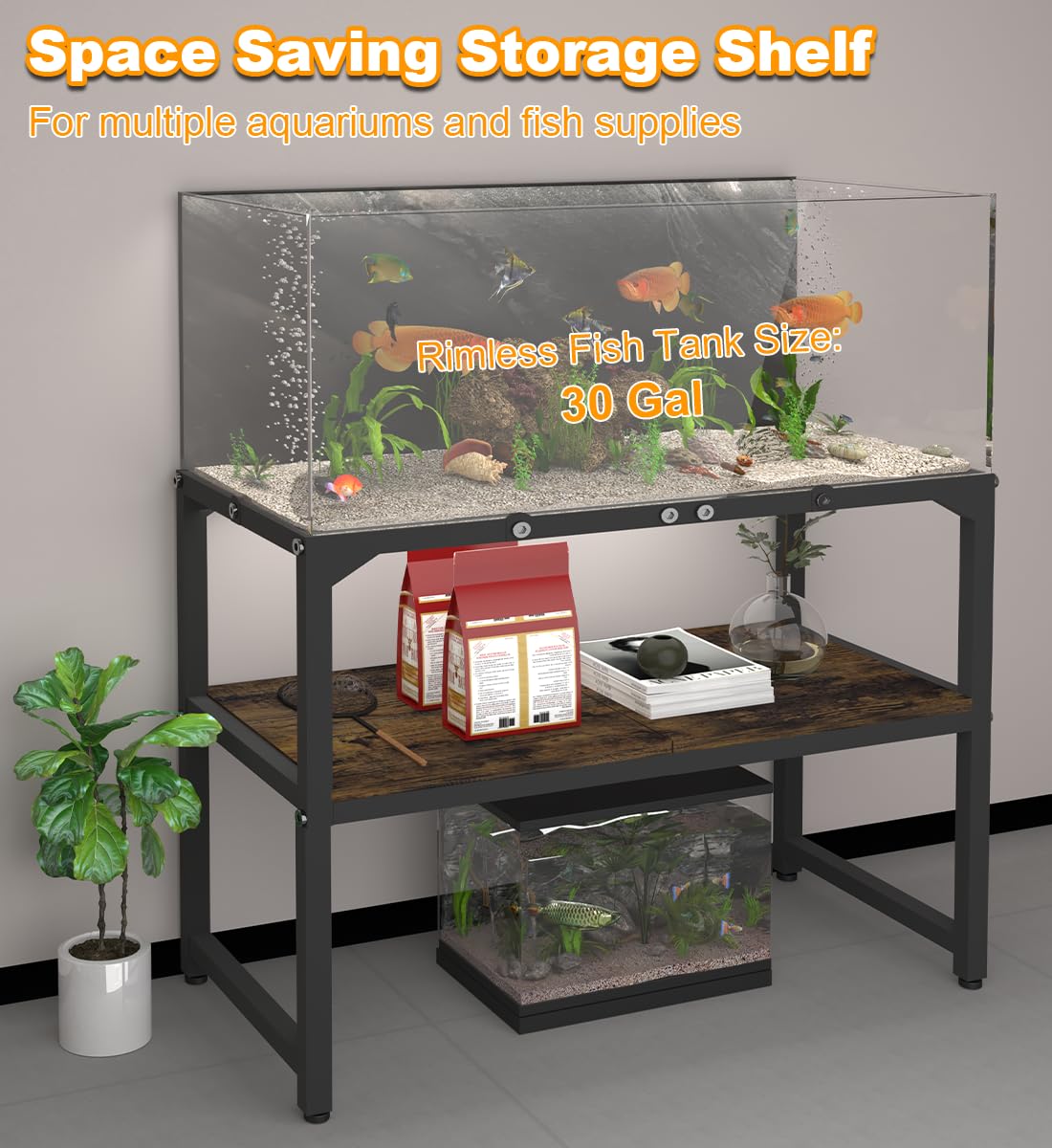 Mondazie aquarium stand storage shelves illustrate space-saving two-tier design