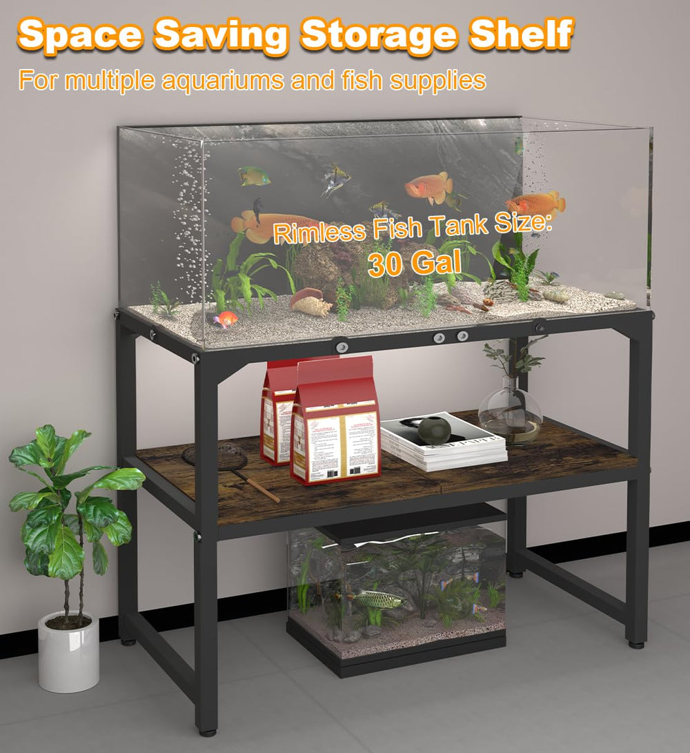 Mondazie aquarium stand storage shelves illustrate space-saving two-tier design