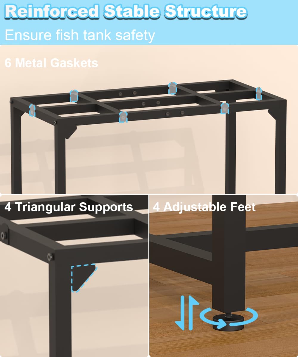 Mondazie black metal aquarium stand rear view showcases stable frame and clean finish.