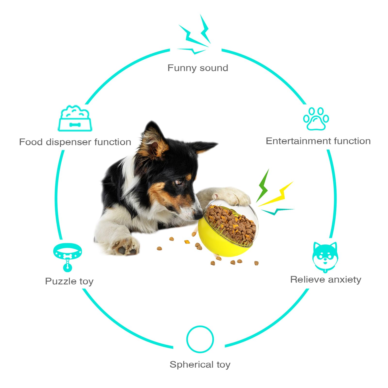 Monotre interactive slow-feeder rolling to dispense treats while dog plays.