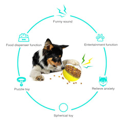 Monotre interactive slow-feeder rolling to dispense treats while dog plays.