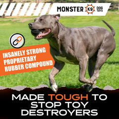 Monster K9 ball dog chewer side shot emphasizes chew-resistance in action