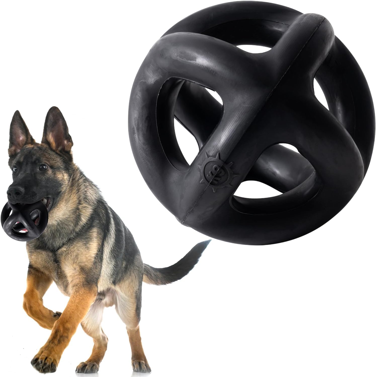 Monster K9 Indestructible Ball side view shows rugged design for powerful chewers.