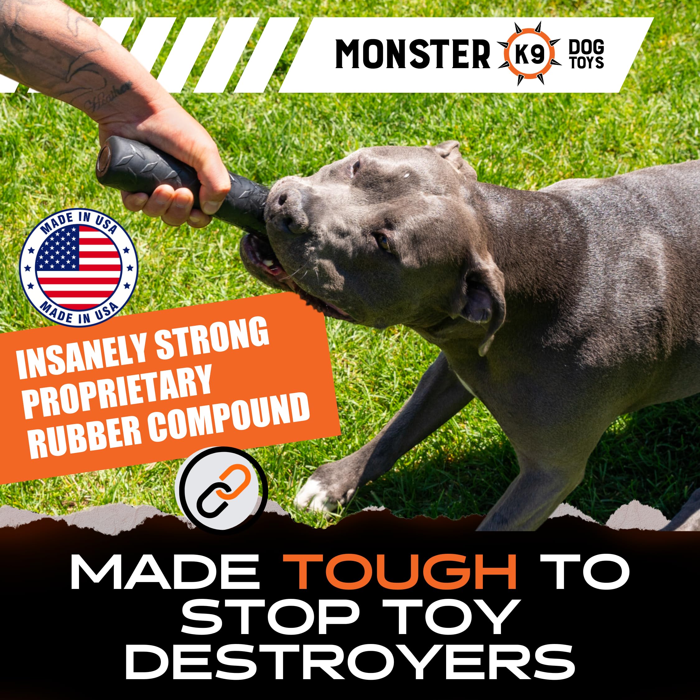 Monster K9 safe natural rubber emphasizes non-toxic, chew-safe material.